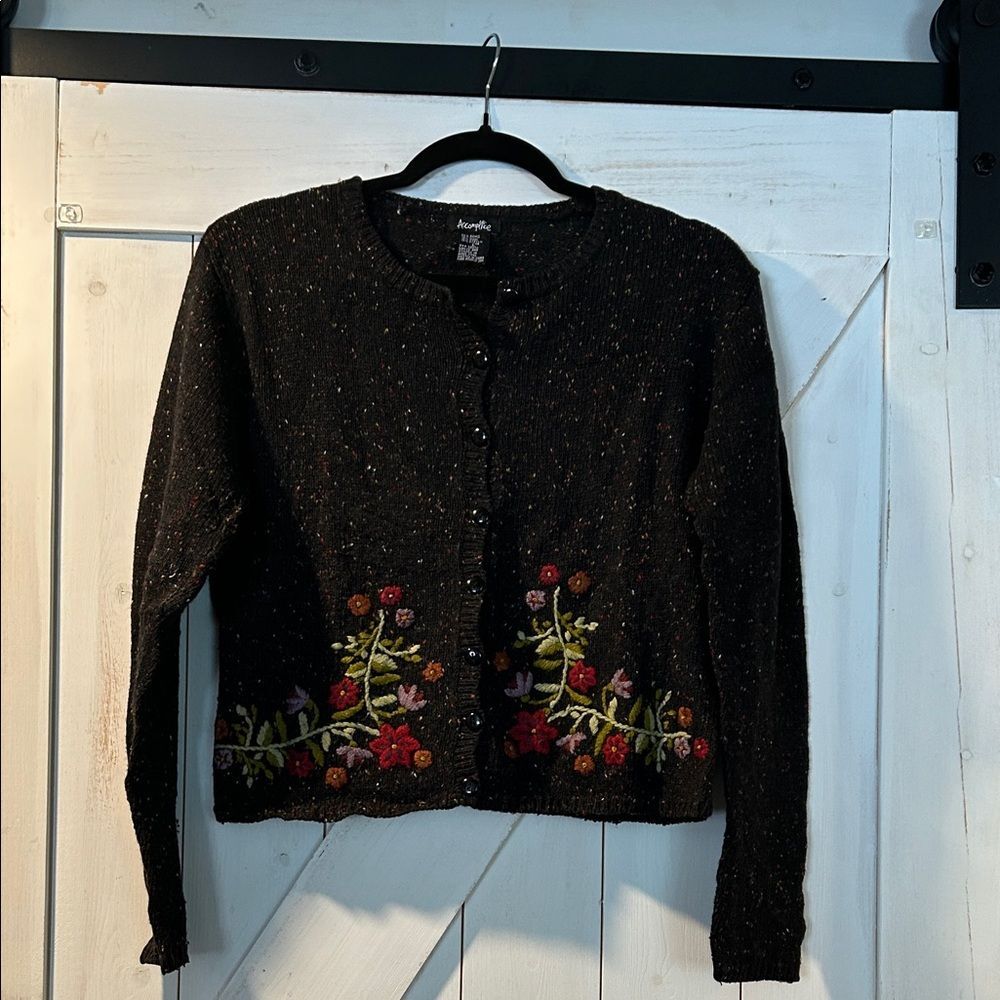 Ramie Wool Blend Black Floral Embroidered Crewneck Button Up Cardigan Sweater L